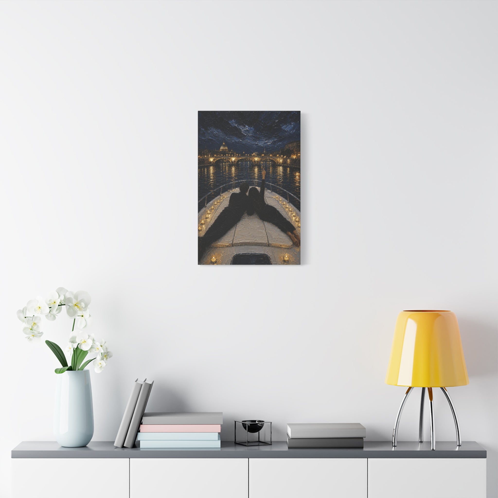 Romantic Night Cruise Canvas Print — Couple on Boat Over City Lights