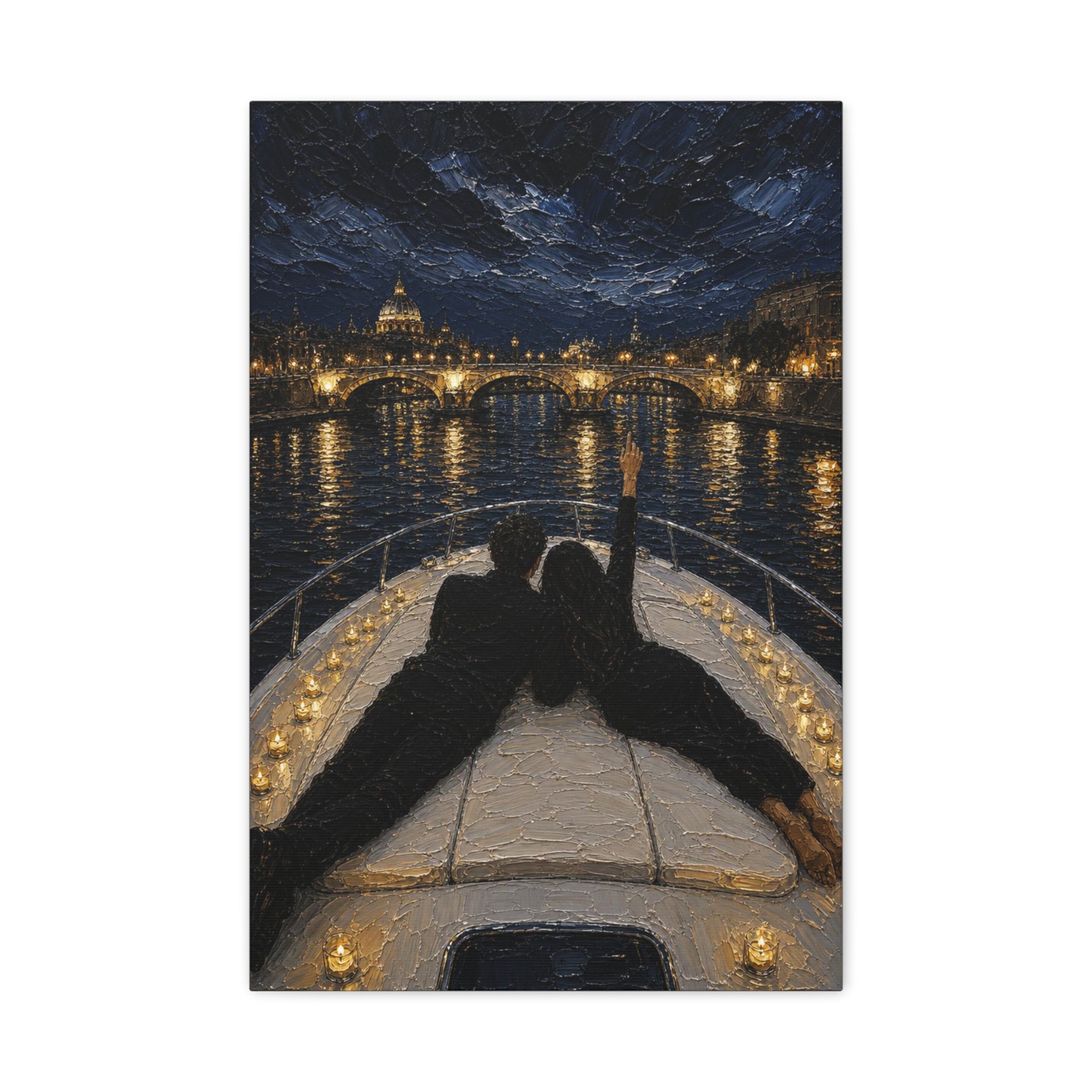 Romantic Night Cruise Canvas Print — Couple on Boat Over City Lights