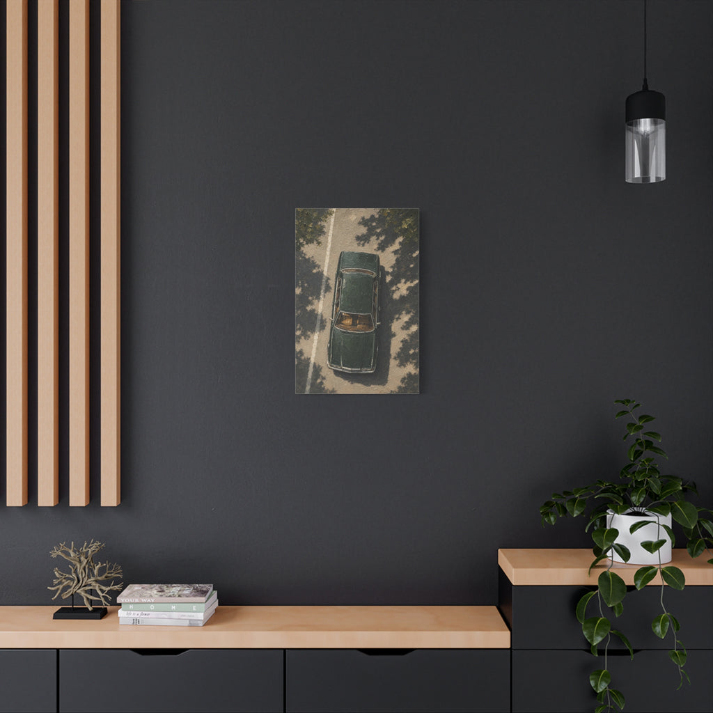 Vintage Green Car Canvas Print — Aerial Retro Automobile Wall Art