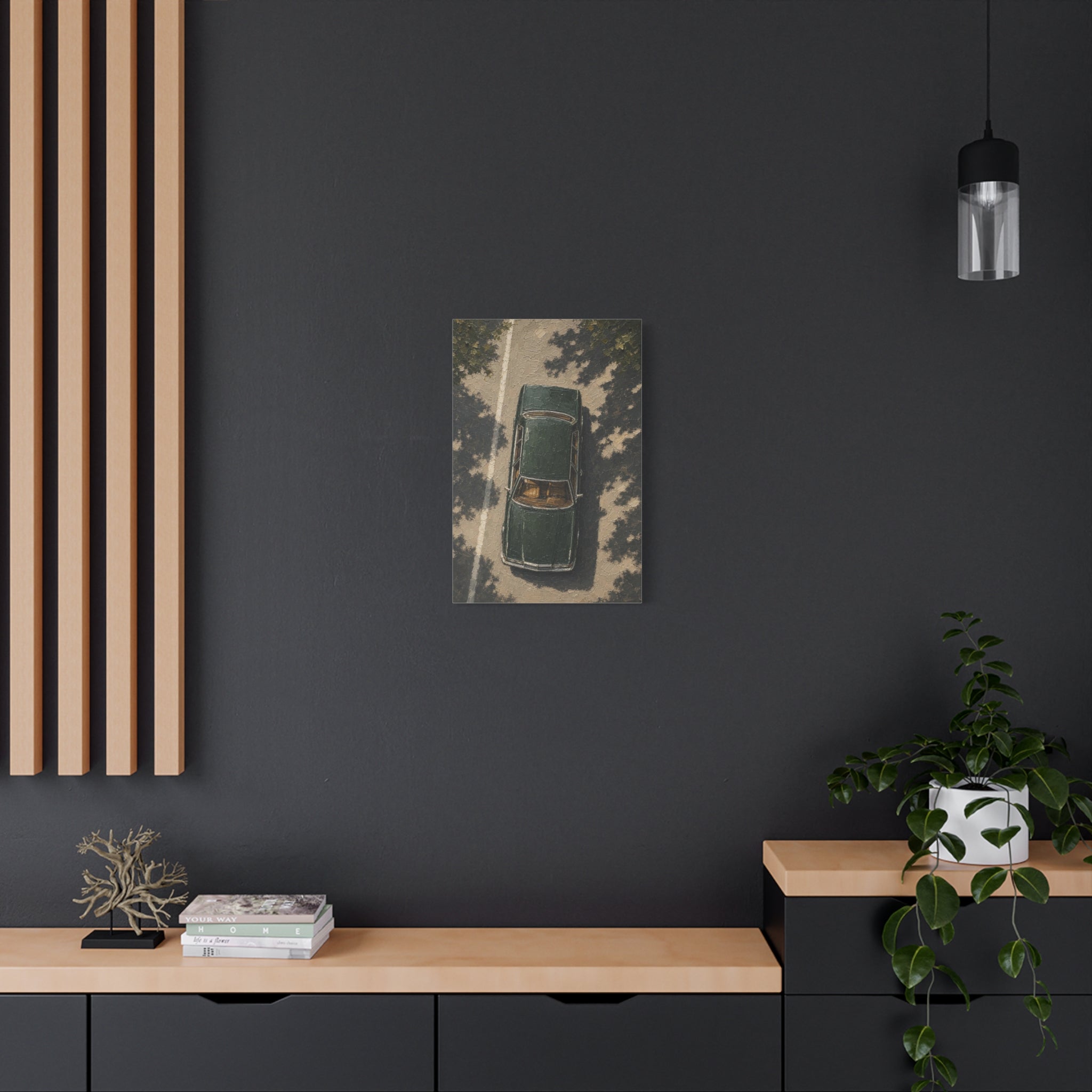 Vintage Green Car Canvas Print — Aerial Retro Automobile Wall Art