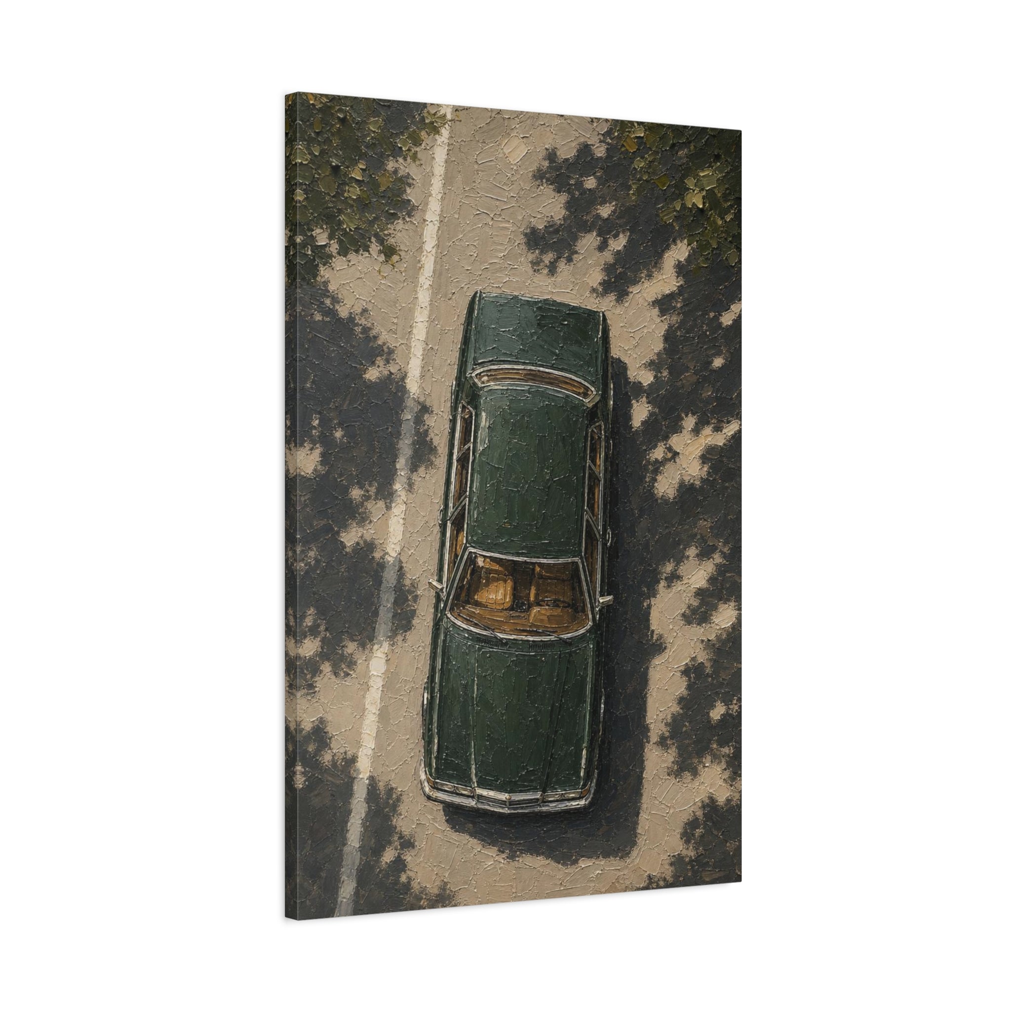 Vintage Green Car Canvas Print — Aerial Retro Automobile Wall Art